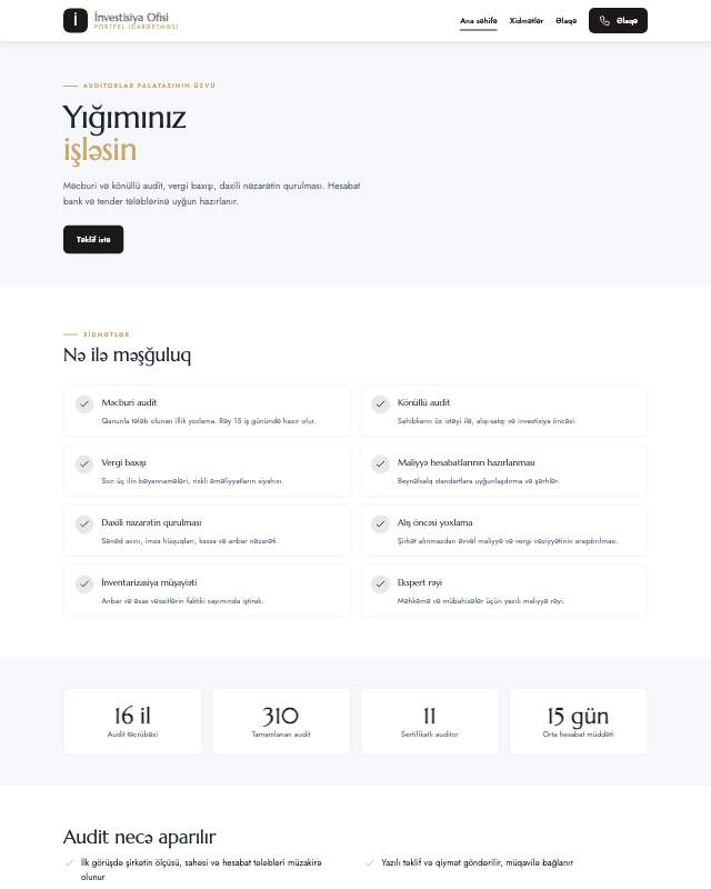 İnvestisiya məsləhətçisi üçün veb sayt şablonunun ekran görüntüsü