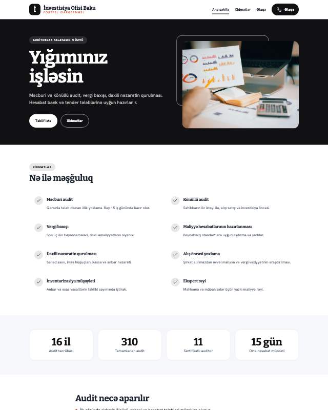 İnvestisiya məsləhəti · Kontrast veb sayt şablonunun ekran görüntüsü