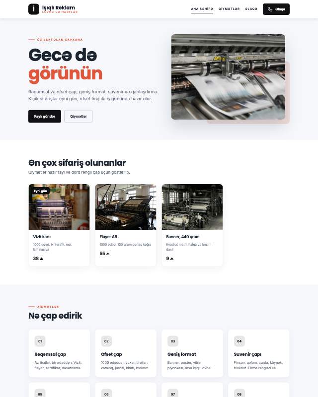 İşıqlı reklam sayt dizaynının ekran görüntüsü