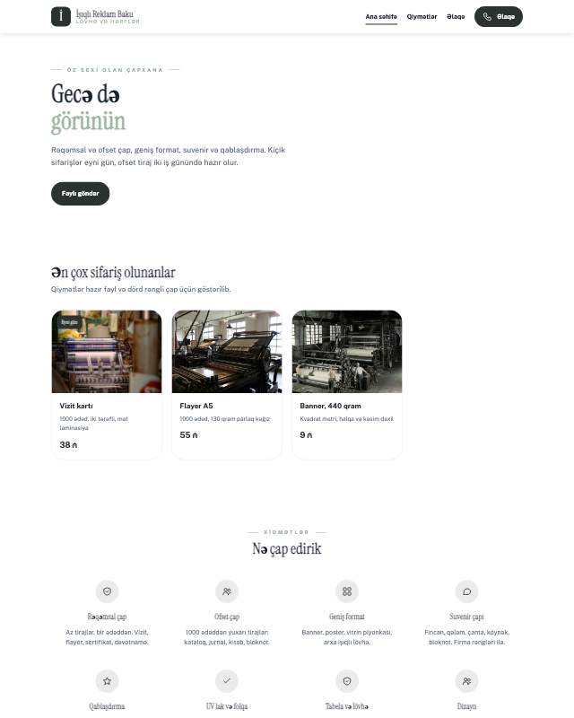 İşıqlı reklam · Sakit sayt dizaynının ekran görüntüsü