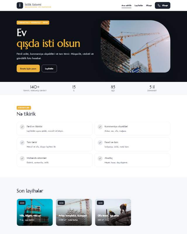 İstilik sistemi quraşdırma xidməti üçün veb sayt şablonunun ekran görüntüsü