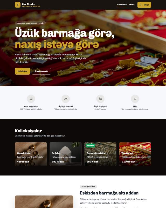 Zərgərlik sayt dizaynının ekran görüntüsü