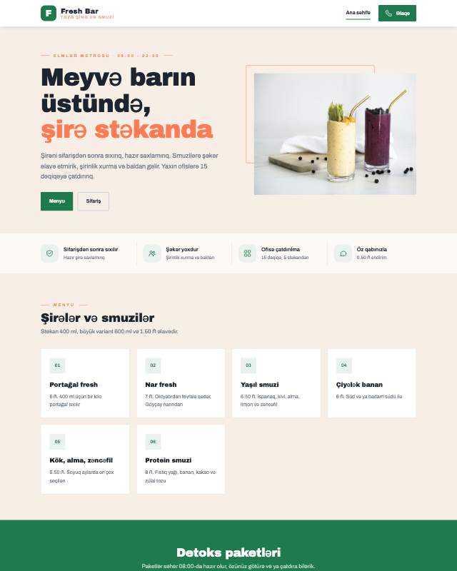 Fresh və smuzi bar sayt dizaynının ekran görüntüsü