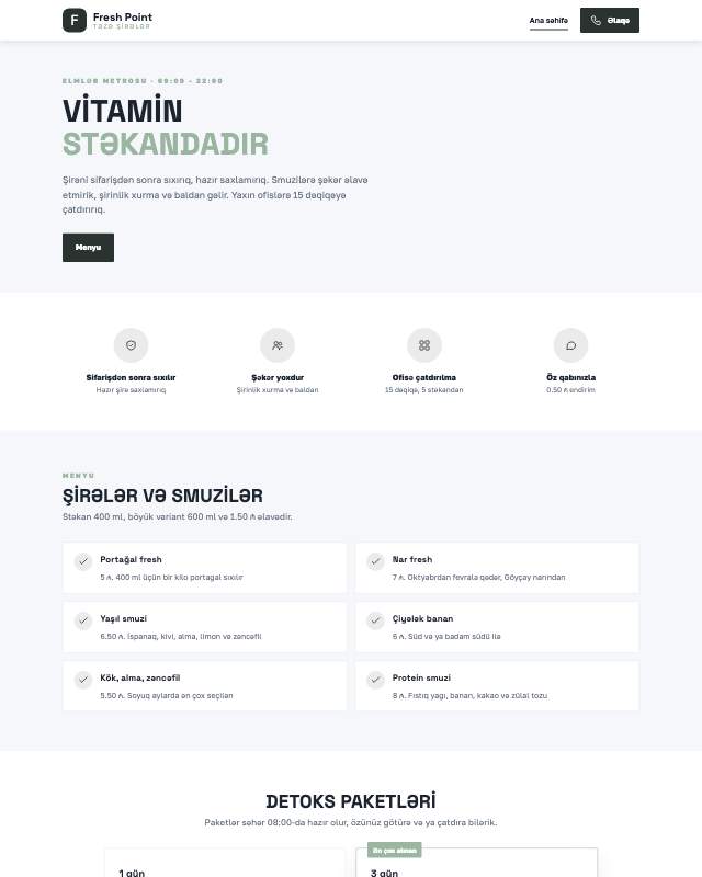 Fresh və smuzi bar · Sakit sayt dizaynının ekran görüntüsü