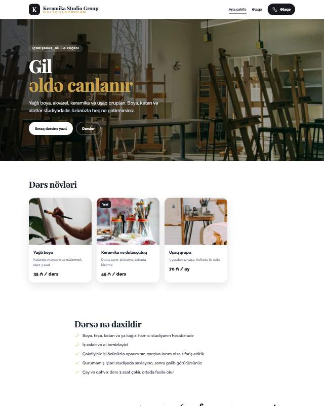 Keramika studiyası · Tünd veb sayt şablonunun ekran görüntüsü