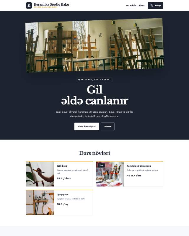 Keramika studiyası · Canlı veb sayt şablonunun ekran görüntüsü