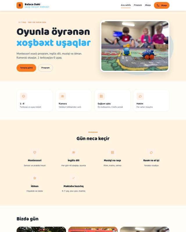 Uşaq mərkəzi sayt dizaynının ekran görüntüsü
