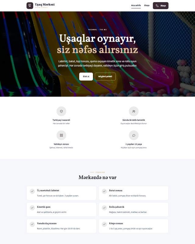 Uşaq əyləncə mərkəzi · Zərif sayt dizaynının ekran görüntüsü