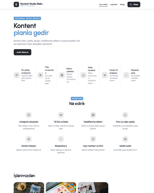 Kontent agentliyi · Minimal sayt dizaynının ekran görüntüsü