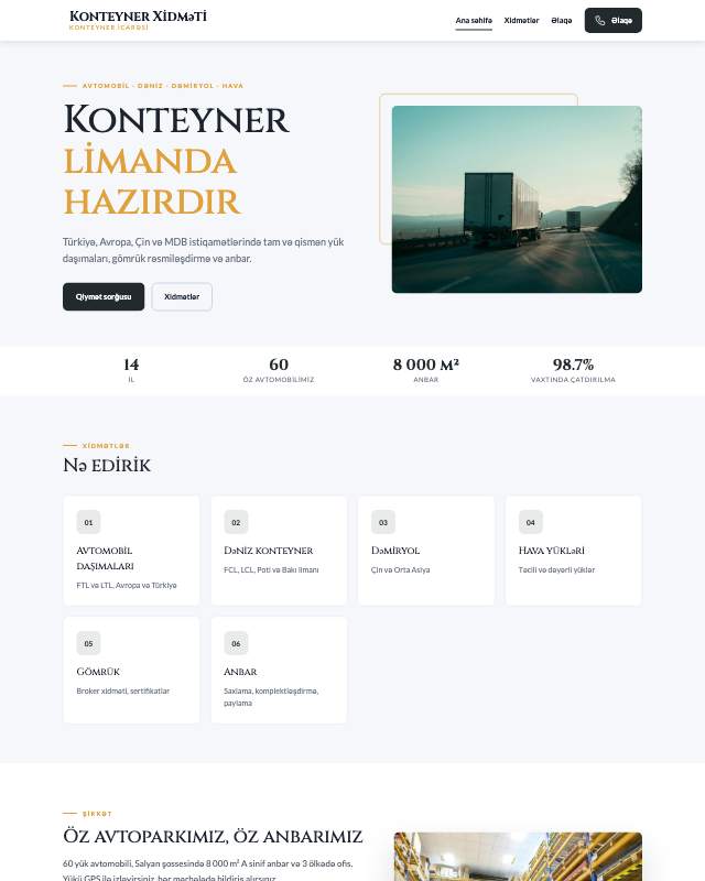 Konteyner xidməti sayt dizaynının ekran görüntüsü
