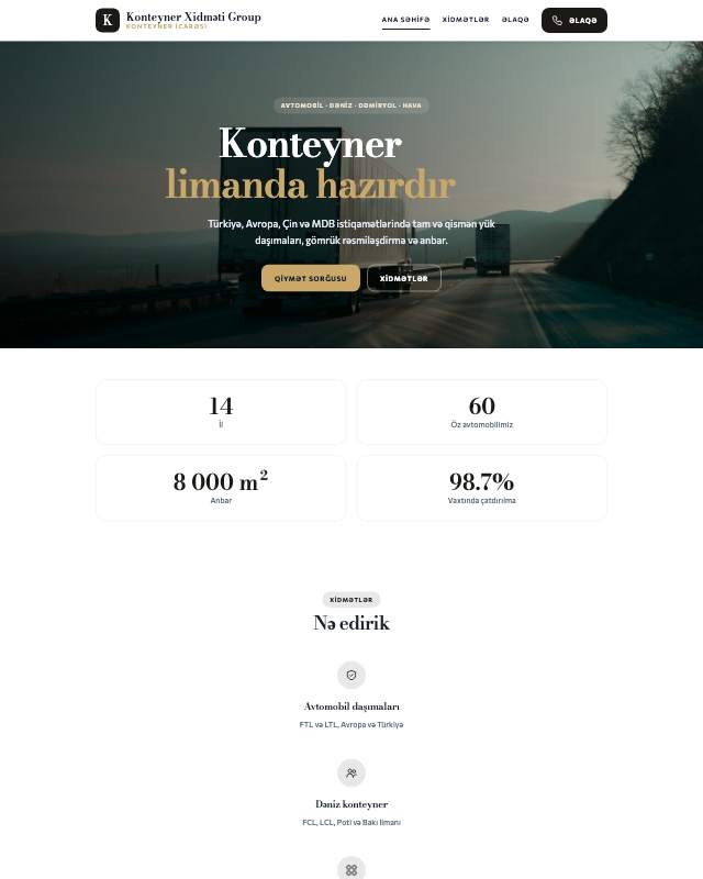 Konteyner xidməti · Premium sayt dizaynının ekran görüntüsü
