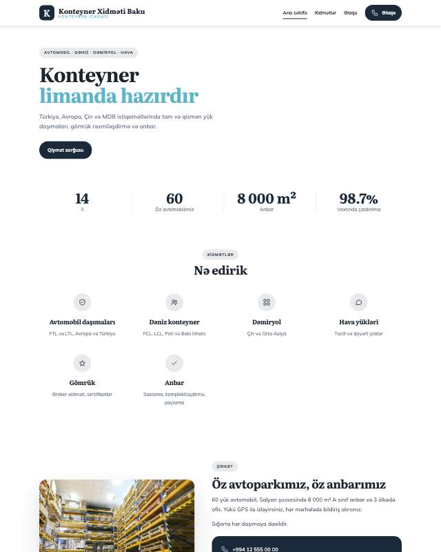 Konteyner xidməti · Geniş sayt dizaynının ekran görüntüsü