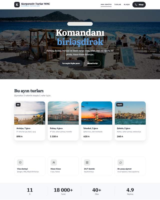 Korporativ turlar · Minimal sayt dizaynının ekran görüntüsü