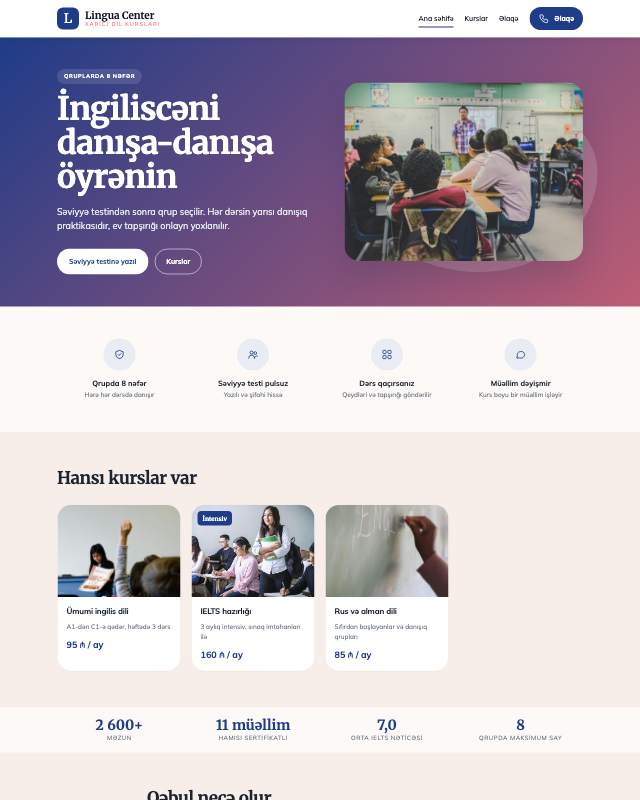 Dil kursları sayt dizaynının ekran görüntüsü