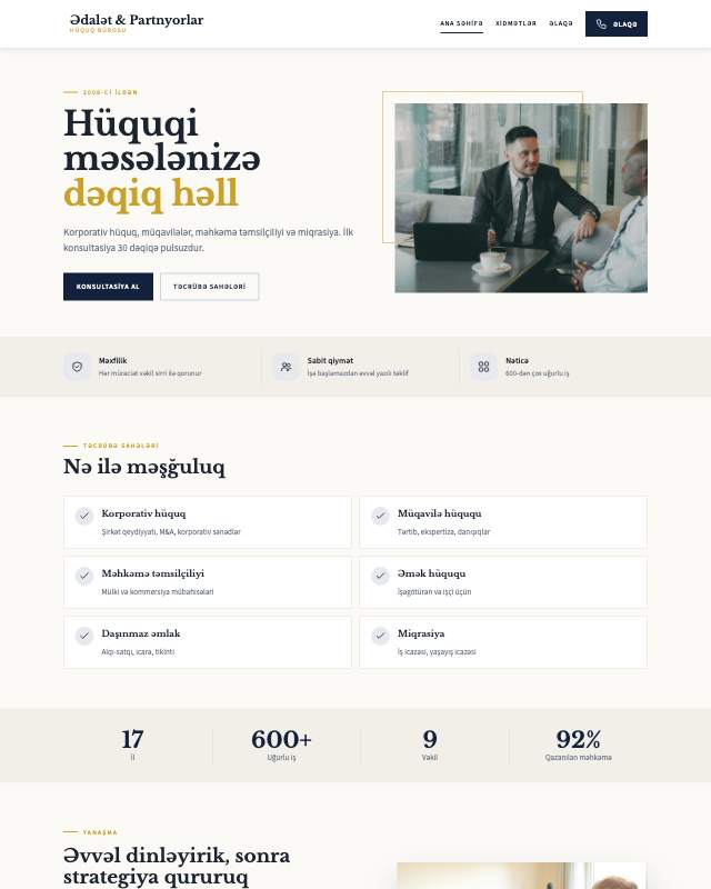 Hüquq bürosu sayt dizaynının ekran görüntüsü
