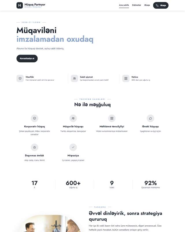 Hüquq bürosu · Minimal sayt dizaynının ekran görüntüsü