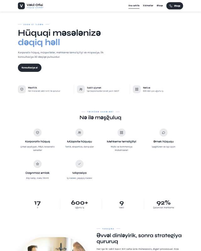 Hüquq bürosu · Sadə sayt dizaynının ekran görüntüsü