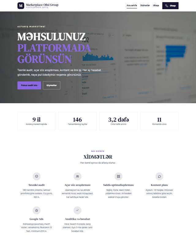 Marketplace idarəetməsi · Gradient sayt dizaynının ekran görüntüsü