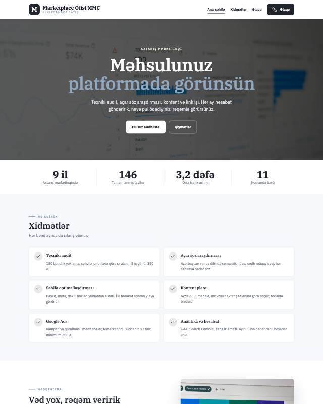 Marketplace idarəetməsi · Studiya veb sayt şablonunun ekran görüntüsü