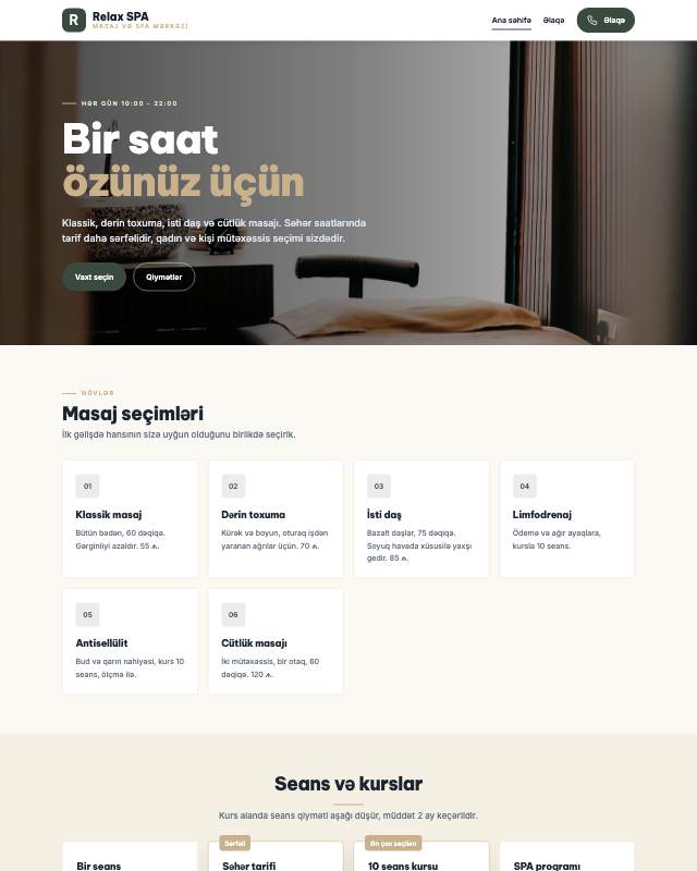 Masaj və SPA sayt dizaynının ekran görüntüsü