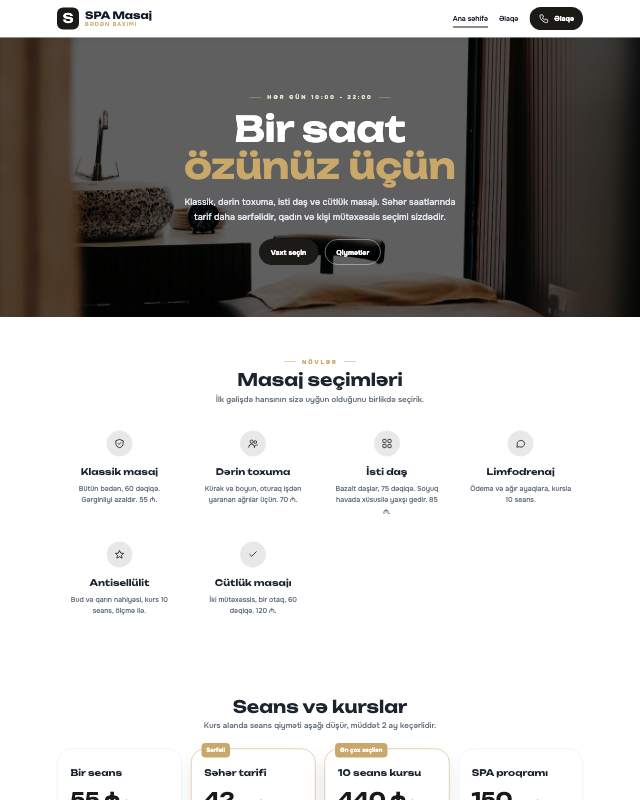 Masaj və SPA · Premium sayt dizaynının ekran görüntüsü