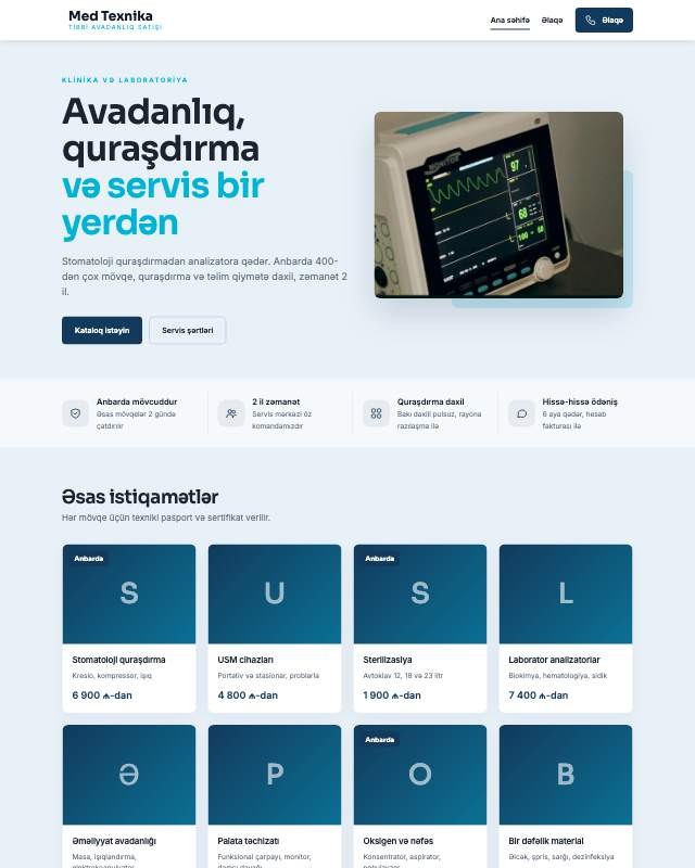 Tibbi avadanlıq şirkəti üçün veb sayt şablonunun ekran görüntüsü