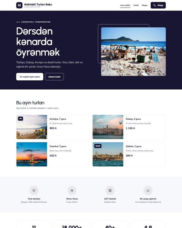 Məktəbli turları · Gradient sayt dizaynının ekran görüntüsü
