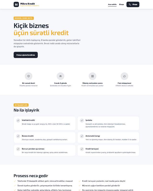 Mikrokredit şirkəti üçün veb sayt şablonunun ekran görüntüsü