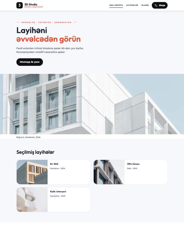3D modelləşdirmə sayt dizaynının ekran görüntüsü