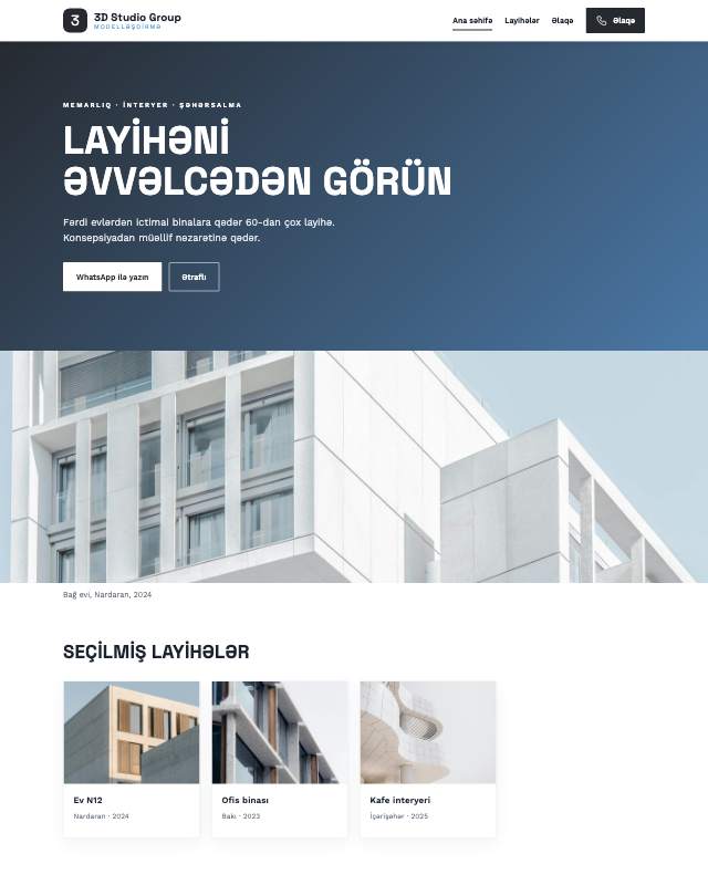 3D modelləşdirmə · Minimal sayt dizaynının ekran görüntüsü