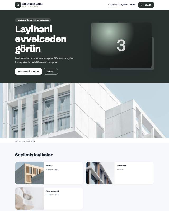 3D modelləşdirmə · Sakit sayt dizaynının ekran görüntüsü