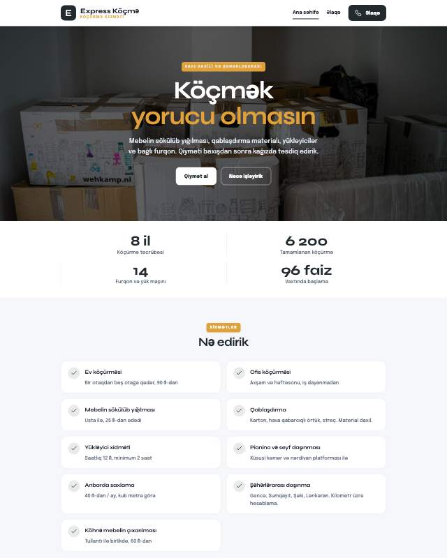 Ev və ofis köçürmə xidməti üçün veb sayt şablonu «Kart»: ekran görüntüsü