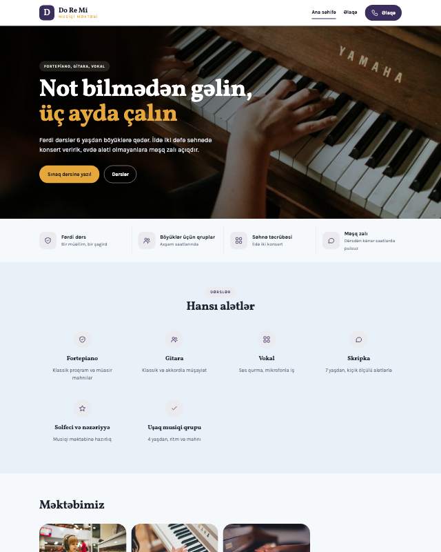 Musiqi məktəbi sayt dizaynının ekran görüntüsü