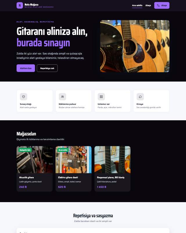 Musiqi alətləri mağazası üçün veb sayt şablonunun ekran görüntüsü