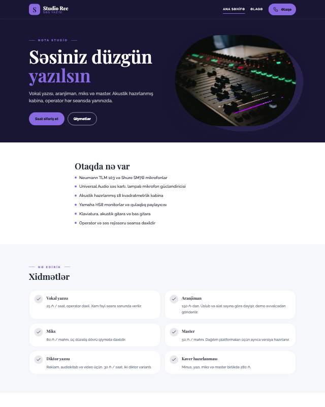 Səsyazma studiyası · Gradient sayt dizaynının ekran görüntüsü