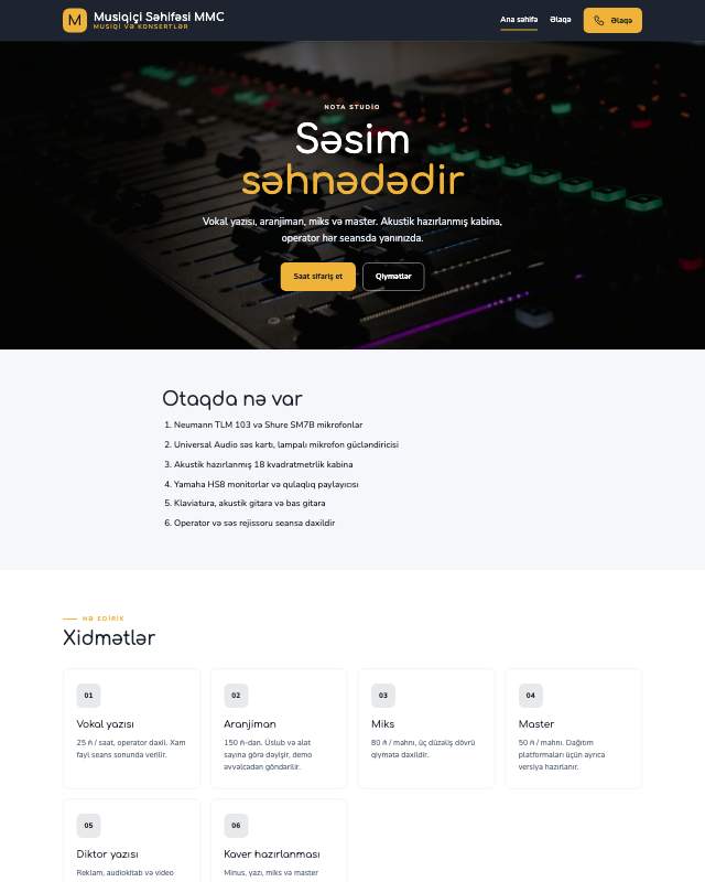 Musiqiçi səhifəsi · Canlı sayt dizaynının ekran görüntüsü