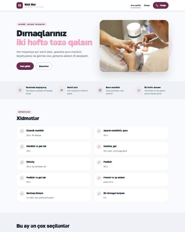 Dırnaq studiyası sayt dizaynının ekran görüntüsü