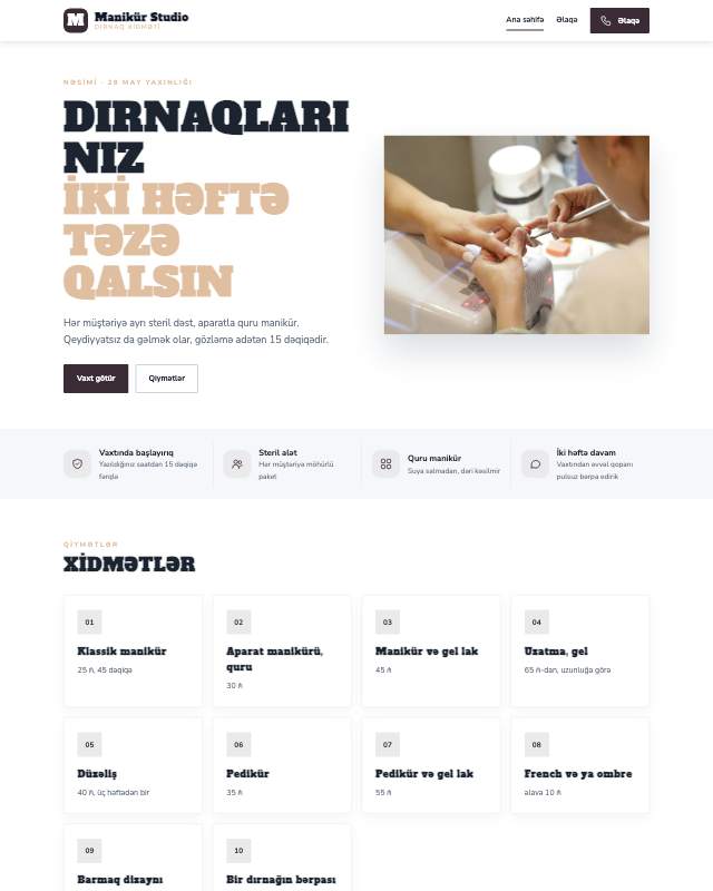 Dırnaq studiyası · Studiya sayt dizaynının ekran görüntüsü
