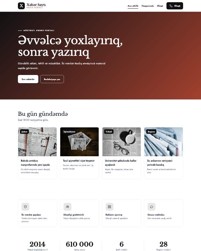 Xəbər portalı · Kontrast sayt dizaynının ekran görüntüsü