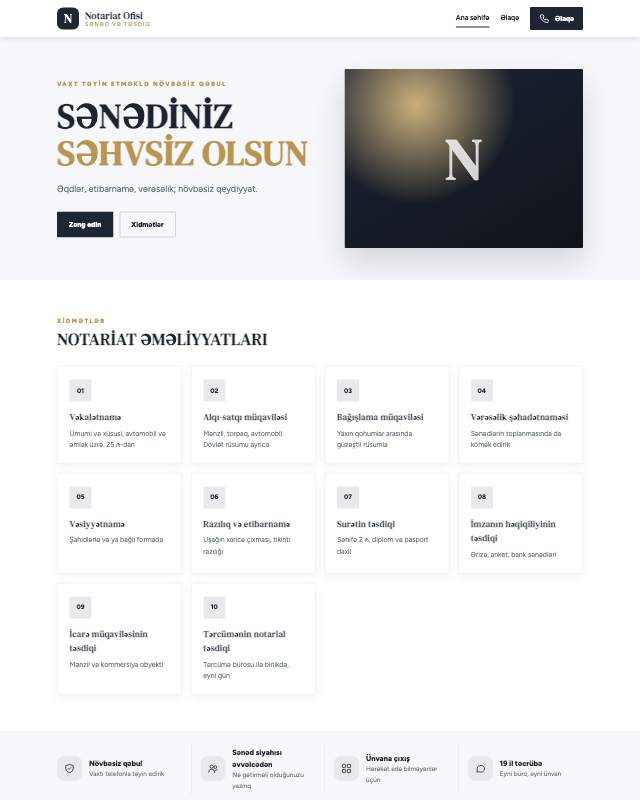Notarius · Sənəd sayt dizaynının ekran görüntüsü