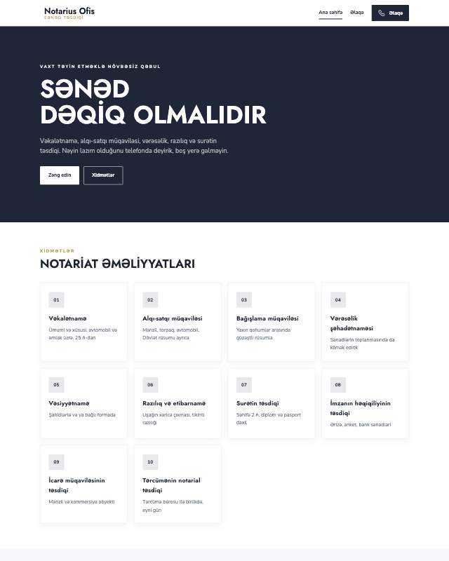Notarius bürosu · Klassik sayt dizaynının ekran görüntüsü