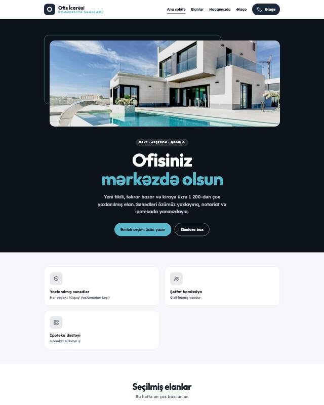 Ofis icarəsi üçün veb sayt şablonunun ekran görüntüsü