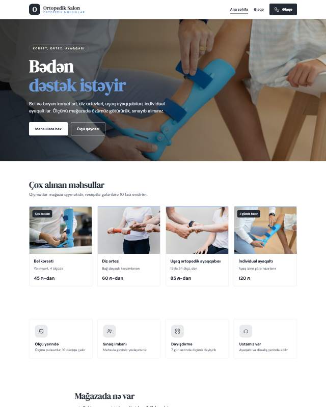 Ortopedik məhsullar · Sadə veb sayt şablonunun ekran görüntüsü