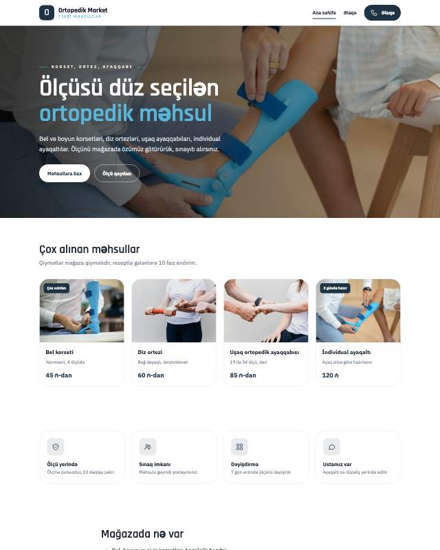 Ortopedik məhsullar · Təmiz veb sayt şablonunun ekran görüntüsü