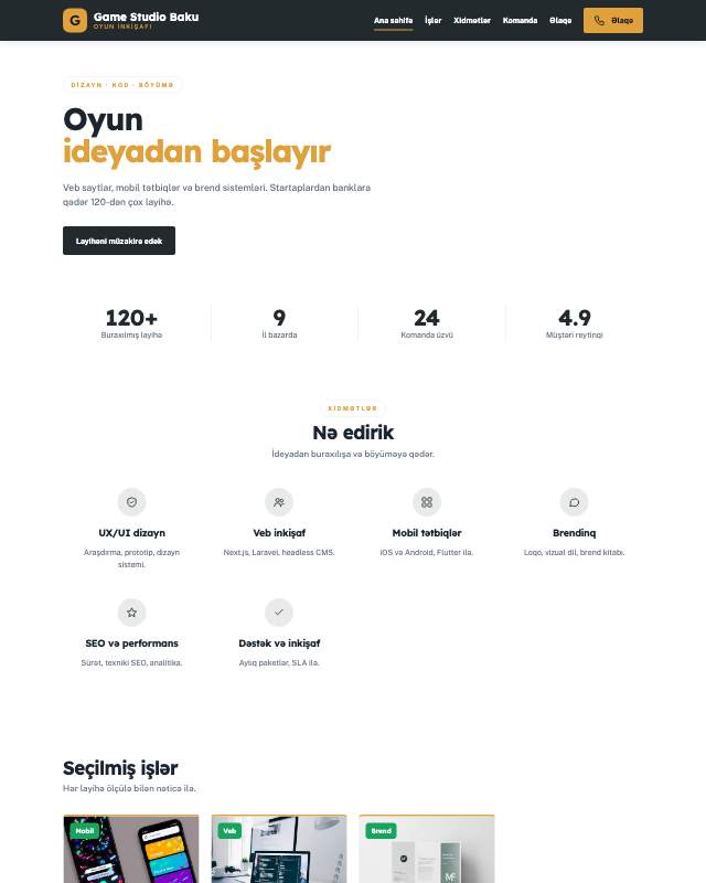 Oyun studiyası · Kart sayt dizaynının ekran görüntüsü
