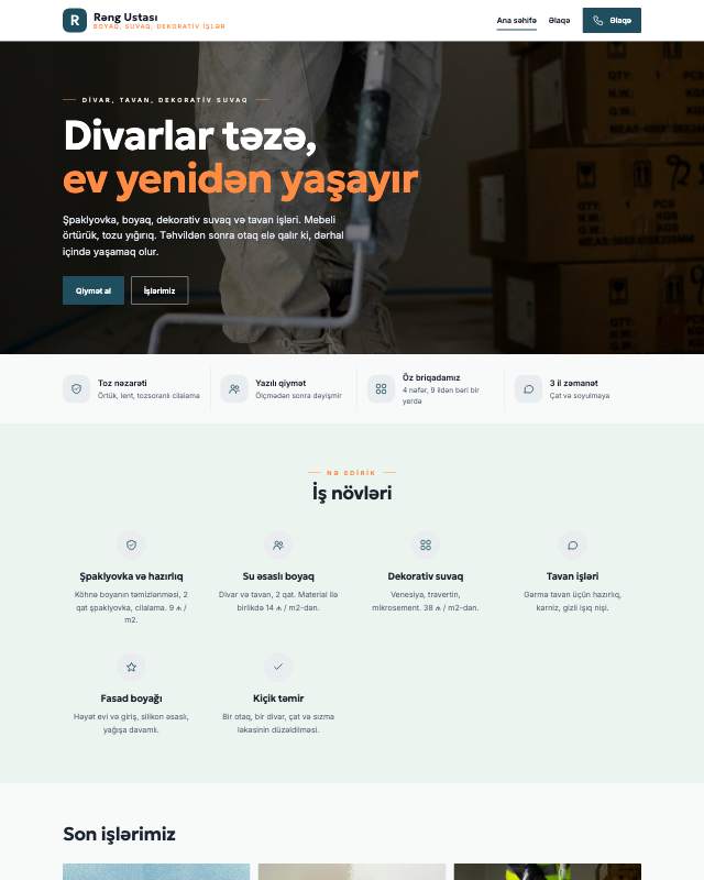 Boyaq və suvaq sayt dizaynının ekran görüntüsü