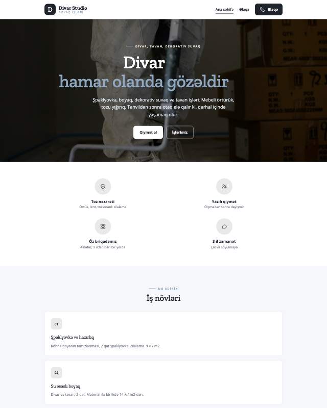 Boyaq və suvaq · Studiya sayt dizaynının ekran görüntüsü