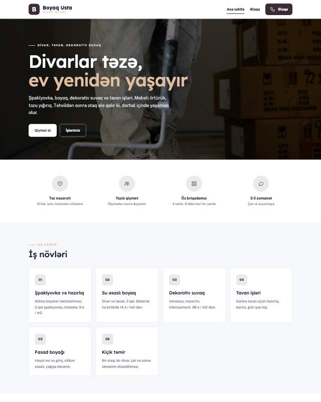 Boyaq və suvaq · Zərif sayt dizaynının ekran görüntüsü
