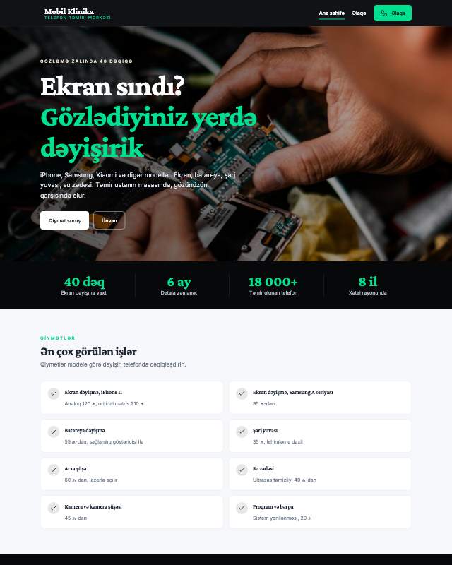 Telefon təmiri sayt dizaynının ekran görüntüsü