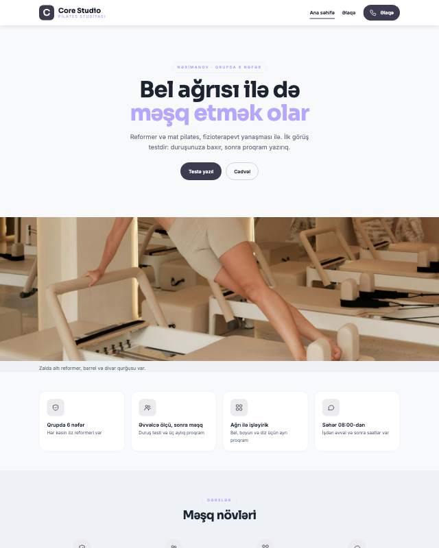 Pilates studiyası üçün veb sayt şablonunun ekran görüntüsü